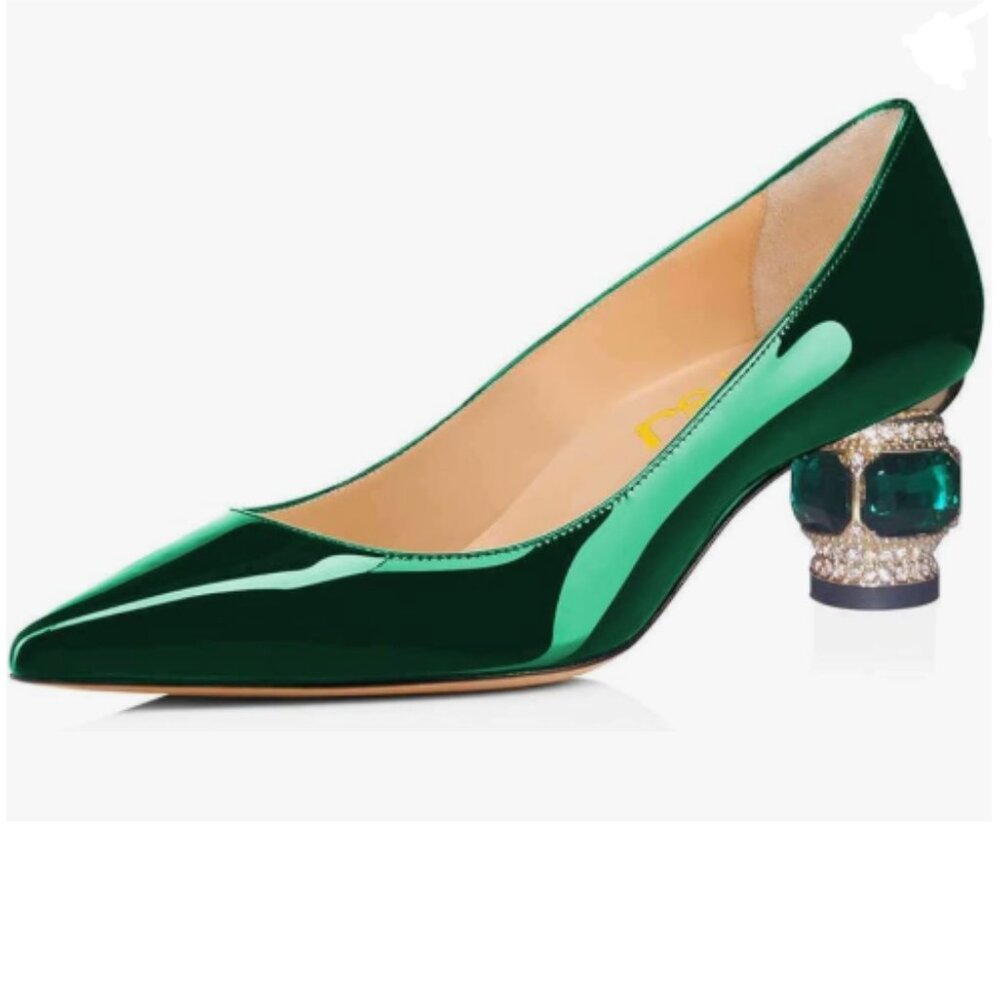FSJ Dark Green Bridal Pointed Toe Chunky Block Low Heel Crystal Slip on Pumps
